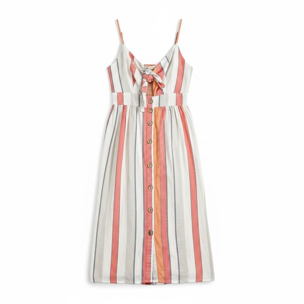 Japna Striped Midi Sundress Tie Front Button Front Cotton Blend Size M‎